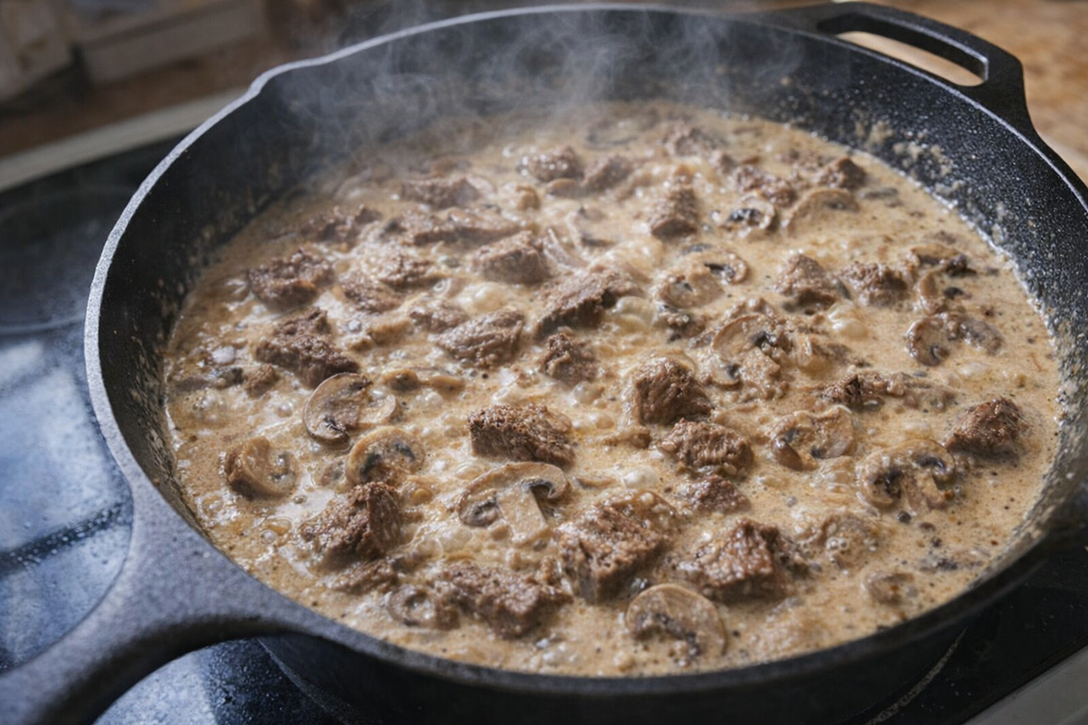 An overhead shot of Beef Stroganoff simmering in a cast iron skillet, the creamy sauce bubbling gently. The beef is browned, and the mushrooms are tender. Steam rising from the skillet.
